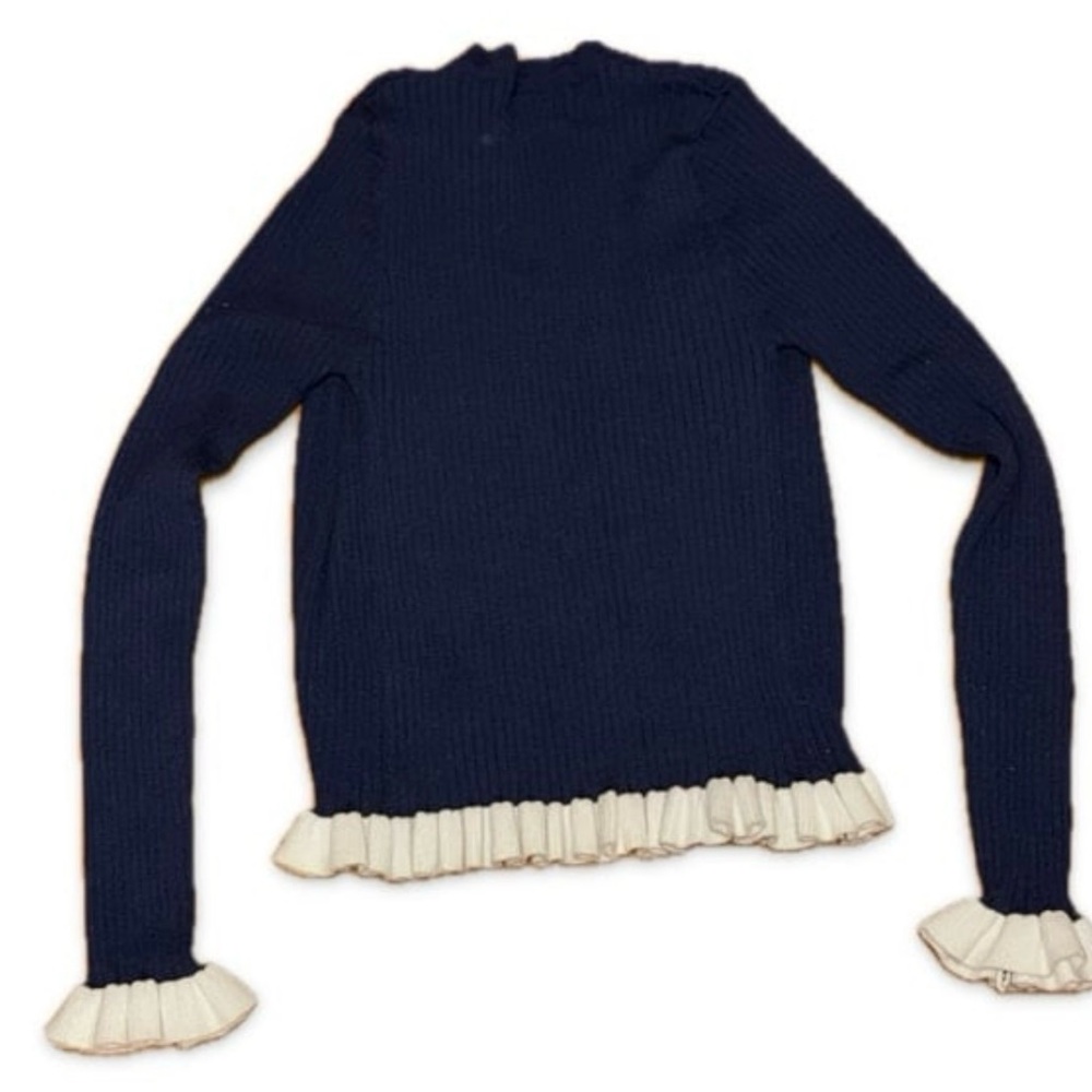 Navy Ribbed Cardigan w Cream Ruffle Trim - Picture 4 of 5